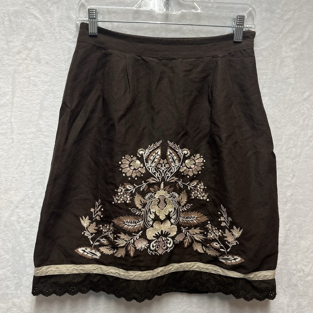 Ann Taylor LOFT Linen Blend Floral Embroidered Skirt Womens 2 Scalloped Lace Hem